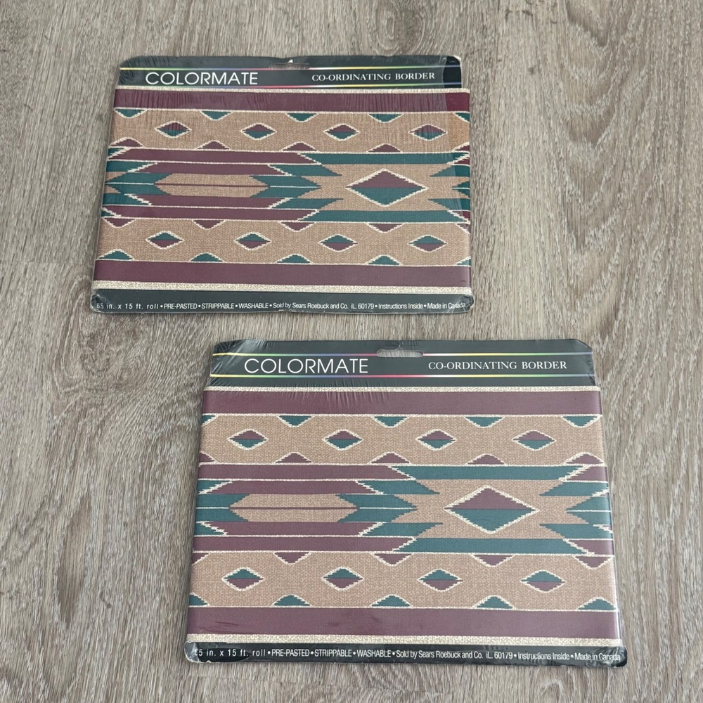Vintage Colormate Southwestern Wallpaper Border 2 Rolls Teal Burgundy 13980011